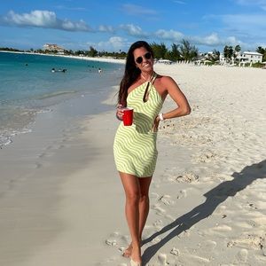 Zara lime green and white mini dress! Size small, ties around the neck, silky